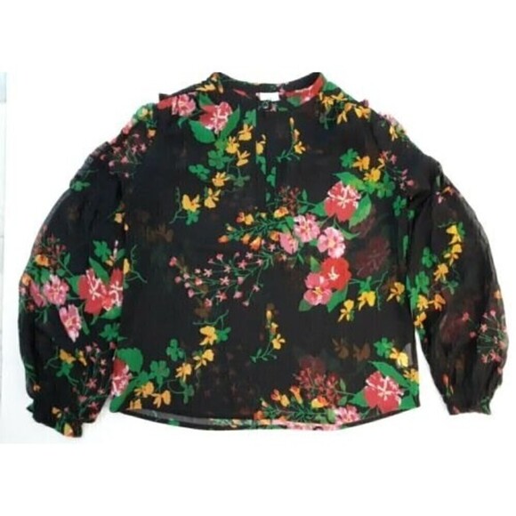 Cabi Thespian Floral Blouse #5706 Size XS Sheer Black Green Yellow Pink Keyhole - Picture 1 of 4